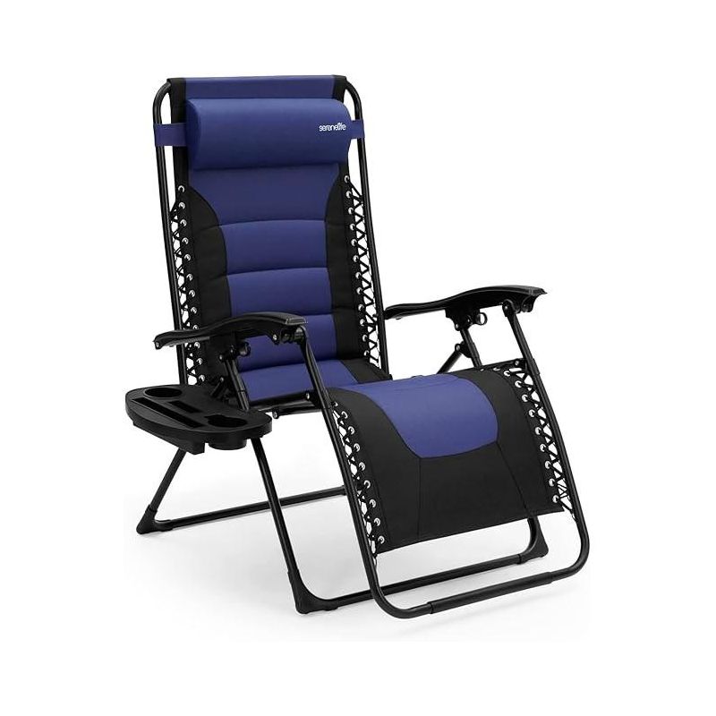 SereneLife Foldable Outdoor Zero Gravity Padded Lawn Chair, Adjustable Steel Mesh Recliners, w/ Removable Pillows Blue and Black, 1 of 9
