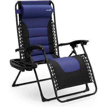 SereneLife Foldable Outdoor Zero Gravity Padded Lawn Chair, Adjustable Steel Mesh Recliners, w/ Removable Pillows Blue and Black