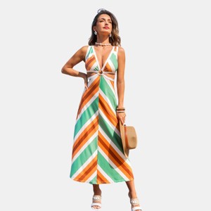Women's Vibrant Striped Maxi Dress with Plunging Neckline - Cupshe - 1 of 4