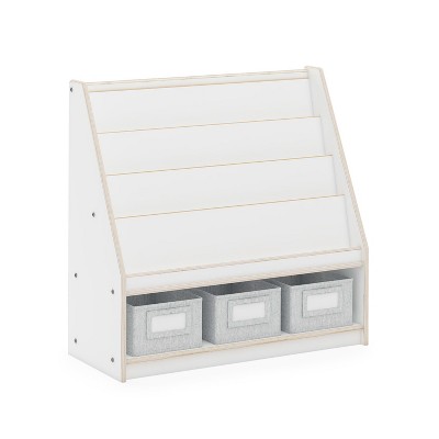 White Wooden Kids Book and Bin Display with Storage Bins