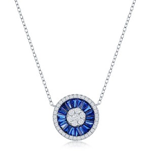 Bella Silver Sterling Silver White CZ and Sapphire CZ Baguette Circle Necklace - Blue - 16+2 Inch - 1 of 2
