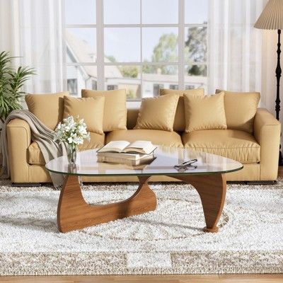 PAKASEPT Triangle Glass Coffee Table with Solid Wood Base, 50" Glass-Top Coffee Table, Modern End Table