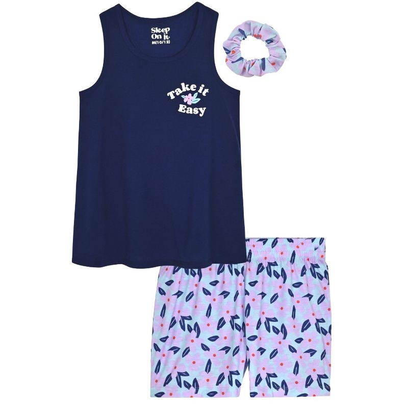 Sleep On It Girls 2-Piece Sleeveless Tank-Top Jersey Pajama Shorts Set with Matching Hair Scrunchie, 1 of 6