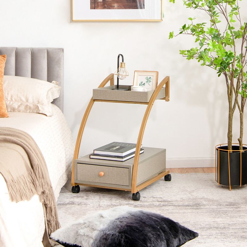 Costway Rolling End Table with Storage Drawer Tray Top 4 Casters Modern Bedside Trolley, 3 of 11