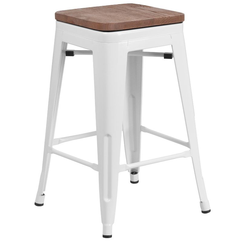 Emma and Oliver 24"H Backless White Metal Counter Height Stool with Wood Seat, 1 of 14
