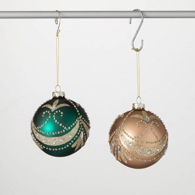 4"H Sullivans Christmas Green Gold Ball Ornament Set of 2  Green-Gold