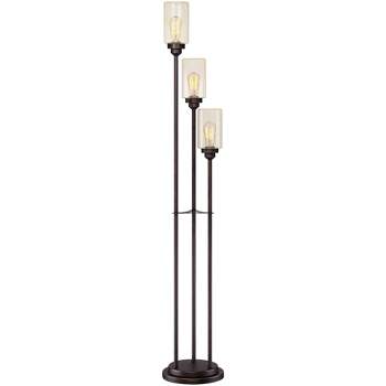 Franklin Iron Works Modern Industrial Tree Floor Lamp with USB Port 66" Tall Oiled Bronze Metal 3-Light Amber Seedy Glass for Living Room Reading