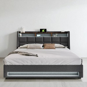 Full Size Upholstered Platform Bed with LED Lights, USB Charging Port, Storage Shelf, Hydraulic Lift Storage, Wood & Metal Slats - 1 of 4