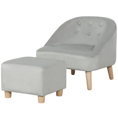Gray Velvet Kids Sofa Chair and Ottoman Set with Wood Legs
