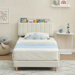 Children's bed, upholstered single bed frame with storage headboard and slatted frame, velvet upholstered, suitable for beds for boys and girls - 1 of 4