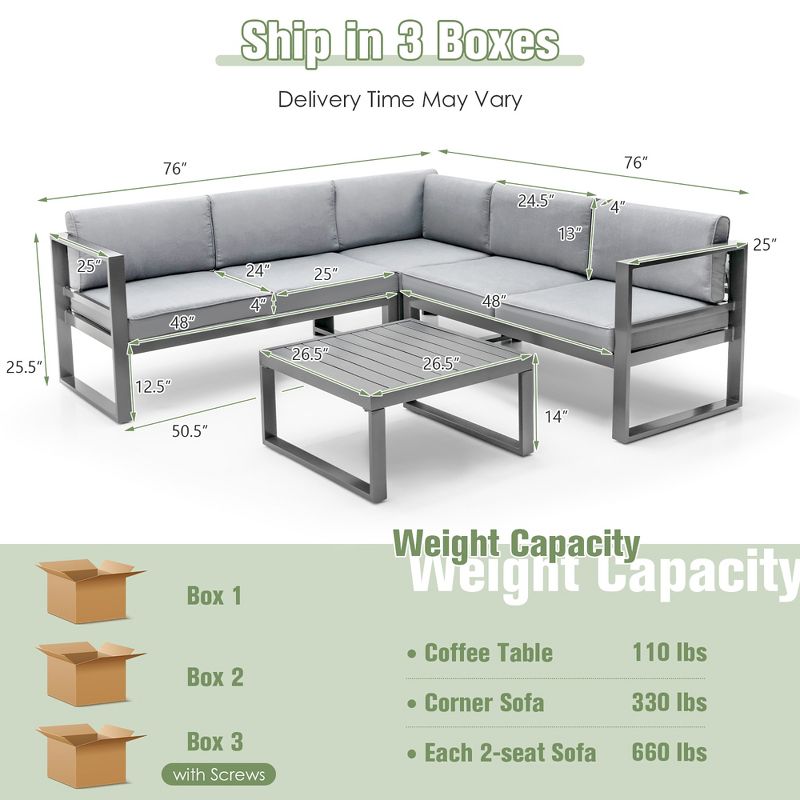 Tangkula 4PCS Aluminum Outdoor Conversation Set Patio Furniture Set w/ Coffee Table & Cushions Gray, 5 of 11