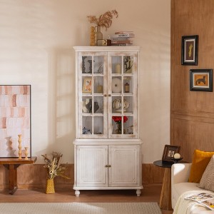 ModernLuxe Freestanding Glass Display Cabinet with Adjustable Shelves, Vintage Storage Cabinet Pantry Bookshelf Retro Hutch Cabinet, White Washed - 1 of 4