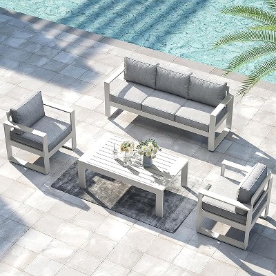 LayinSun 4 Pieces Aluminum Outdoor Patio Furniture Set, Metal Modern Conversation Sofa Set with Coffee Table and Washable Thick Cushions