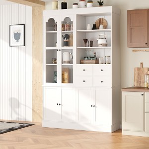 Whisen Freestanding Buffet with Hutch, Tall Kitchen Pantry Cabinet with 4 Drawers, Door Shelves and Pull-out Trays - 1 of 4