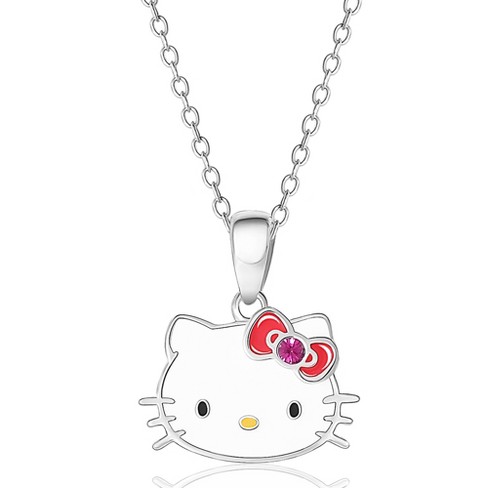 Sanrio Hello Kitty Fashion Jewelry Set, Heart Necklace and Bow Stud Earrings, Officially Licensed - Silver Tone, Pink