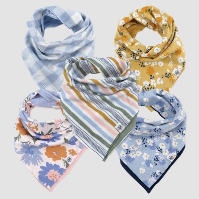 Image of Honest Baby Organic Cotton 5pk Honey Kisses Reversible Bandana Bib Burp Cloth - Blue