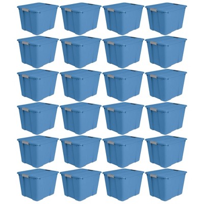 Sterilite 20 Gallon Latch Tote with In Molded Handles, Robust Latches, and Contoured End Panels for Home Storage Bins, Blue Ash (24 Pack)