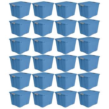 Sterilite 20 Gallon Latch Tote with In Molded Handles, Robust Latches, and Contoured End Panels for Home Storage Bins, Blue Ash (24 Pack)