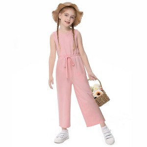 Girls Sleeveless Jumpsuits Scoop Neck Keyhole Back Soft Tank Jumpsuits Back Elastic Waist Wide Leg Jumpsuits with Pockets,Pink - 120 - 1 of 4