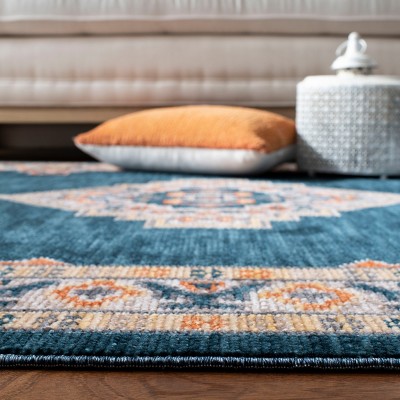 Blue Medallion Cotton Chenille Rectangular Area Rug