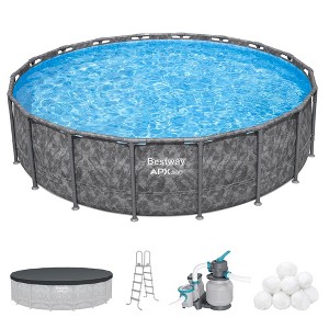 Bestway APX 365 18' x 52" Round Above Ground Swimming Pool Outdoor Backyard Framed Pool Set with Sand Filter Pump, Ladder, and Cover, Dark Marble - 1 of 4