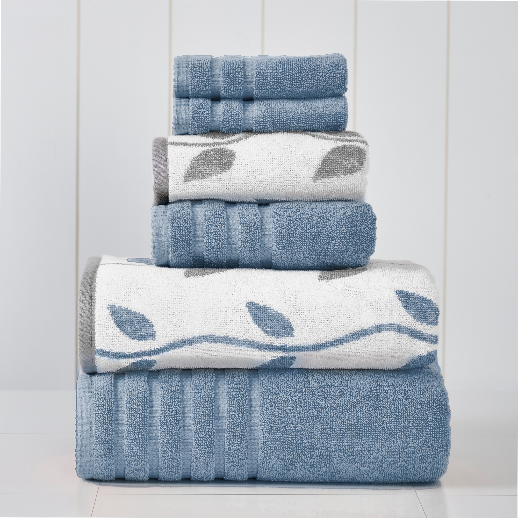 Modern Threads 100% Cotton Bath Towels Set of 6,Organic Vines- Blue