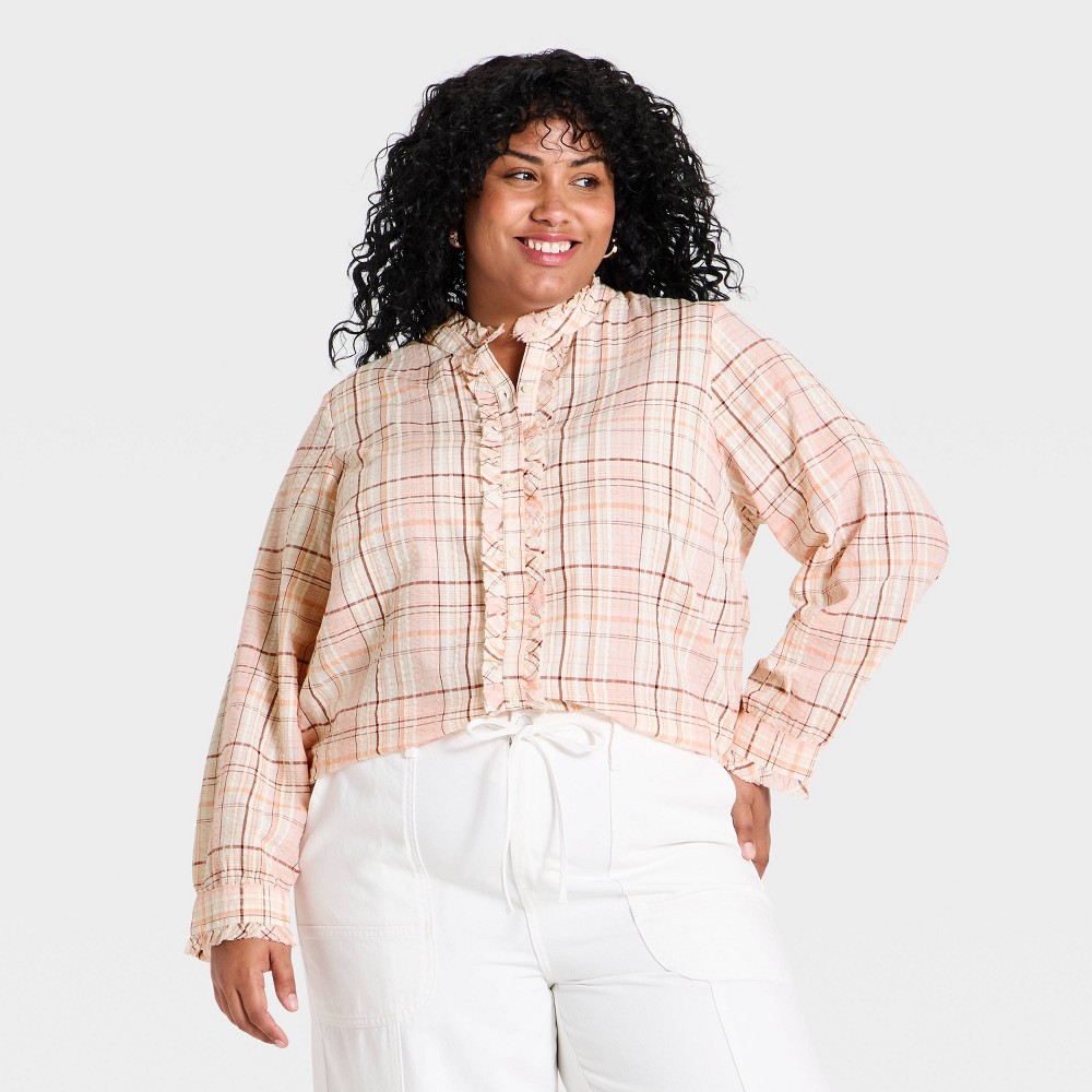 Women's Ruffle Long Sleeve Button-Up Ruff Collared Neck Blouse - Universal Thread™ Pink Plaid 4X