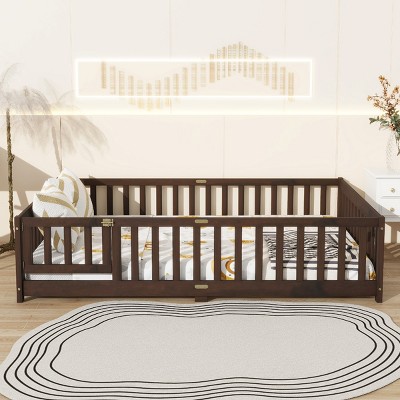 Full Size Wooden Floor Toddlers Bed with Fence and Door, Rubber Wood Montessori Platform Bed for Kids Room-Baofuwish
