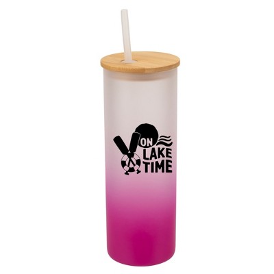 Elanze Designs On Lake Time Summer Vibes Wrap-Around Design 25 Ounce Frosted Gradient Glass On-The-Go Coffee Travel Skinny Tumbler Mug Cup, Bamboo Lid