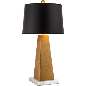 Possini Euro Design Obelisk Modern Table Lamp with Square White Marble Riser 26" High Gold Leaf Drum Shade for Bedroom Living Room Bedside Home Kids - 1 of 4