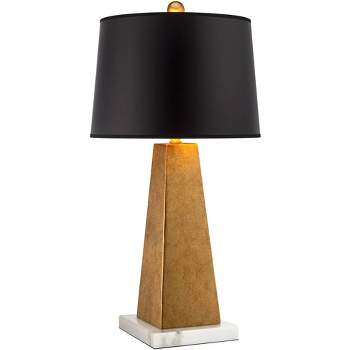 Possini Euro Design Obelisk Modern Table Lamp with Square White Marble Riser 26" High Gold Leaf Drum Shade for Bedroom Living Room Bedside Home Kids