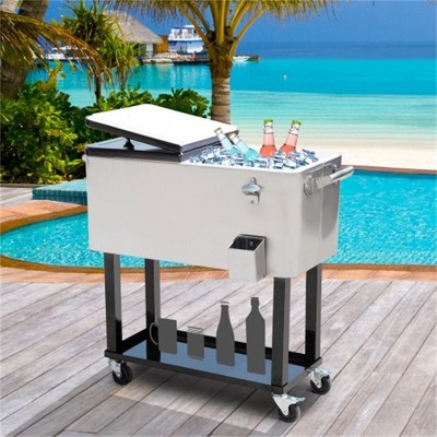 MOEPISY 80 QT Rolling Cooling Bins Ice Chest on Wheels Outdoor Stand Up Drink Cooler Cart for Party, Silver