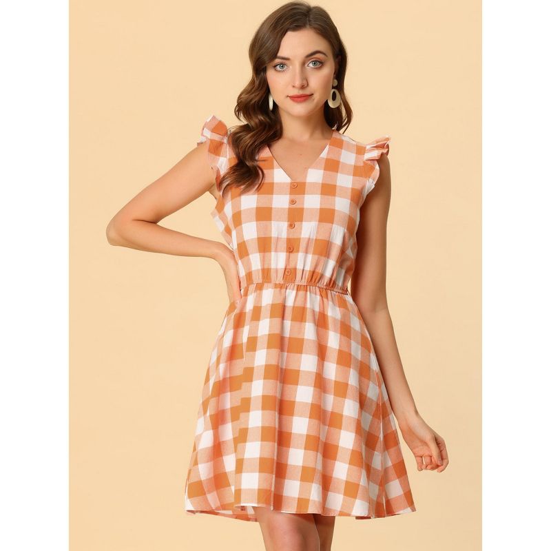 Allegra K Women's Casual Ruffled Sleeve A-Line Vintage Gingham Check Dress, 5 of 7