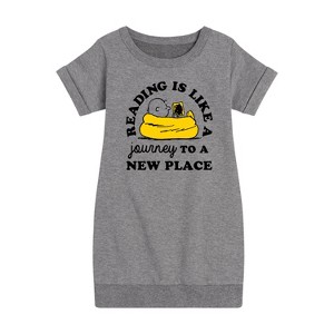 - Peanuts - Reading Is Like A Journey To A New Place Graphic Short Sleeve Fleece Dress - 1 of 4