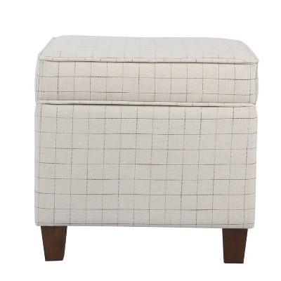 Wooden Square Ottoman with Grid Patterned Fabric Upholstery Beige/Brown - Benzara