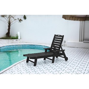 Gulches Black Oversized HDPE Chaise Lounge Chair with Wood Texture, 5-Position Adjustable Backrest, Wheels & Cup Holder, 400LBS Capacity - 1 of 4