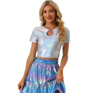 INSPIRE CHIC Women's Keyhole Metallic Short Sleeve Party Shiny Holographic Crop Top - 1 of 4