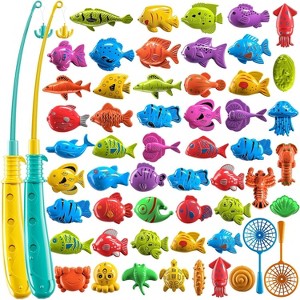 TEMI Fishing Toy Game for Kids 3 4 5 6 7 8 Years Old, 51 Fish Bath Playset for Toddlers, Toy Magnetic Rod and Fishing Net, Outdoor Water Toys for Kid - 1 of 3