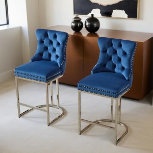 Counter Height Bar Stools Set of 2, Velvet Upholstered Barstools with Sturdy Metal Base Legs, Button Tufted and Nailheads Trim - Leovsnove - 1 of 4