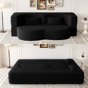 Modern Floor Sofa with 2 Pillows, Convertible Teddy Fabric Full-Size Folding Sofa Bed, 15" Foam Mattress for Living Room, Guest Bed, Playroom - 1 of 4