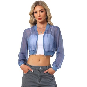 INSPIRE CHIC Women's Long Sleeve Stand Collar Crop Sheer Mesh