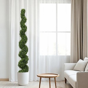 6FT Artificial Spiral Topiary Tree Set of 2, Faux Potted Boxwood Topiary Plant, Fake Shrubs Tree for Front Door Home Balcony Backyard Patio Decor - 1 of 4