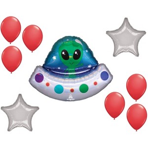 LOONBALLOON Space, Alien, Rocket Theme Balloon Set, 28 Inch Alien Space Ship Holographic Balloon, Star Foil and 6x latex balllons - 1 of 1