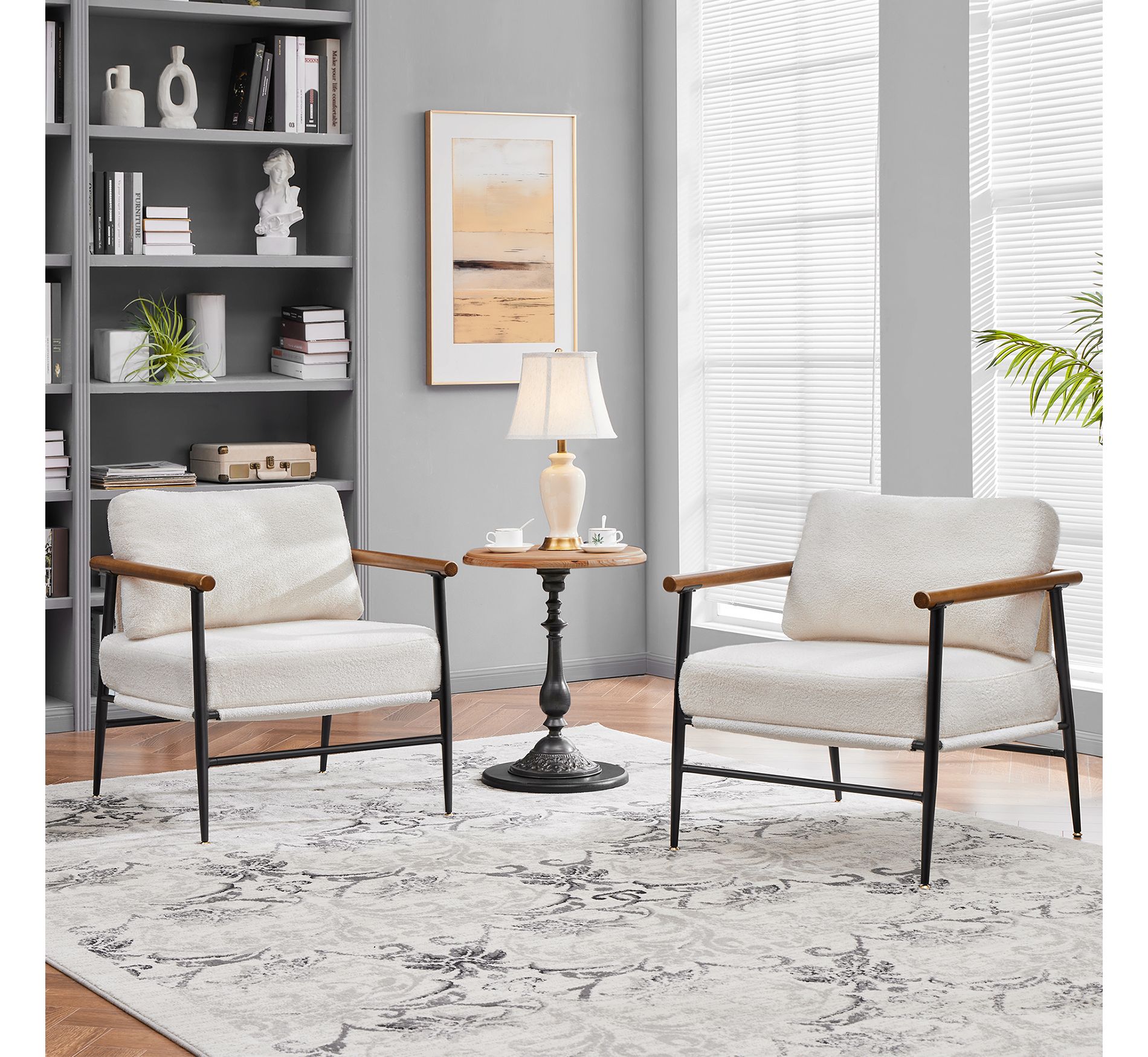 Yaheetech Set of 2 Mid-Century Accent Chairs with Plush Cushions for Living Room & Bedroom, Ivory
