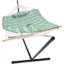 Sunnydaze Cotton Rope Freestanding Hammock with Portable Steel Stand and Spreader Bar with Pad and Pillow - 12' Stand - Blue and Green Chevron