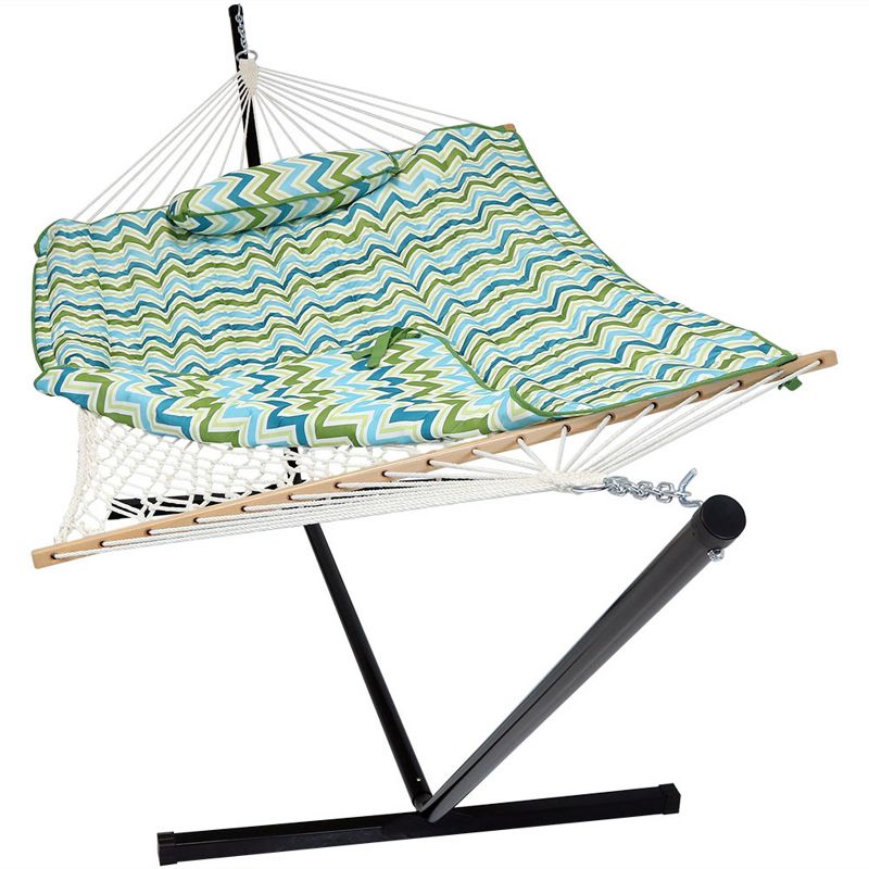 Sunnydaze Cotton Rope Freestanding Hammock with Spreader Bar with Portable Steel Stand and Pad and Pillow Set - 12' Stand, 1 of 15