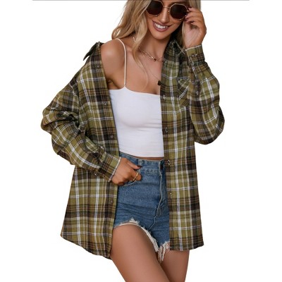 Clearlove Plaid Shirts for Women Oversized Long Sleeve Casual Button Down Blouse Top