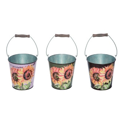 Transpac Set of 3 Metal Sunflower Buckets Decorative Baskets for Fall Harvest Indoor Tabletop Decor and Gifts