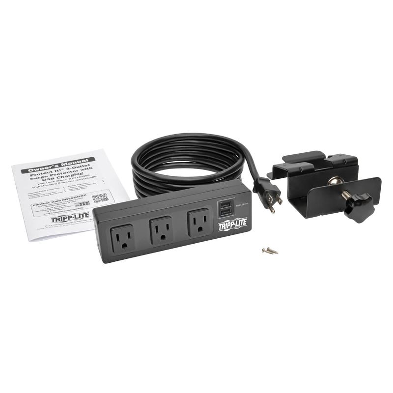 Tripp Lite Protect It!® 3-Outlet Surge Protector with 2 USB Ports and Desk Clamp, 2 of 10