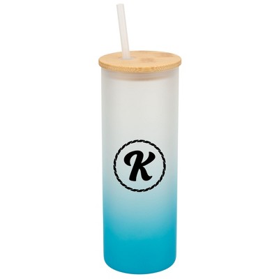 Elanze Designs K Monogram Letter Initial Rope Circle Wrap-Around Design 25 Ounce Frosted Gradient Glass On-The-Go Coffee Travel Skinny Tumbler Mug